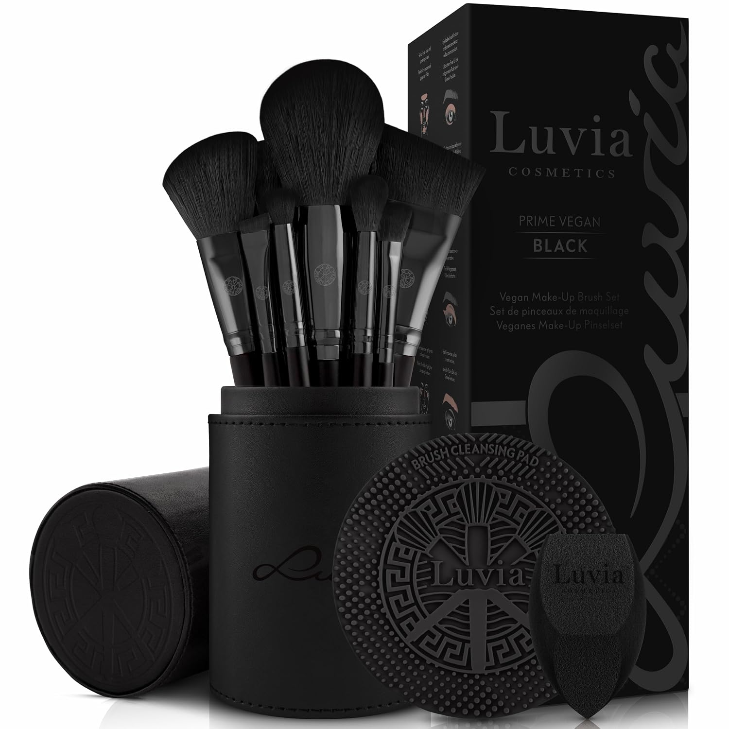 Detalle de Make-up Pinselset 15-teilig vegan von Luvia Cosmetics – 12 Profi-Pinsel, Blender, Reinigungsmatte und veganem Leder‑Etui