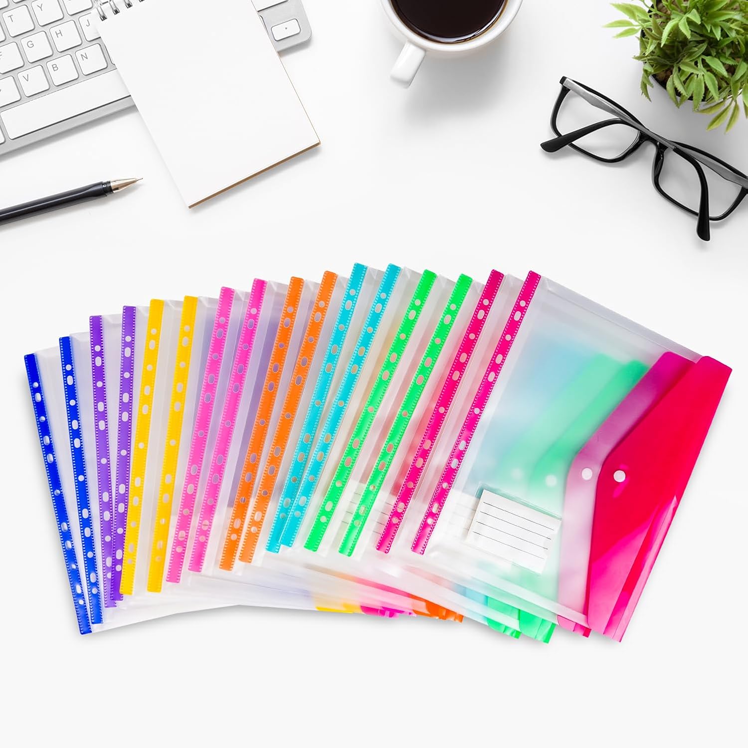 Thumbnail 6 de SdreMelo 16-pack A4 punched expandable plastic pockets with snap, 8 colours (5 binder rings included)