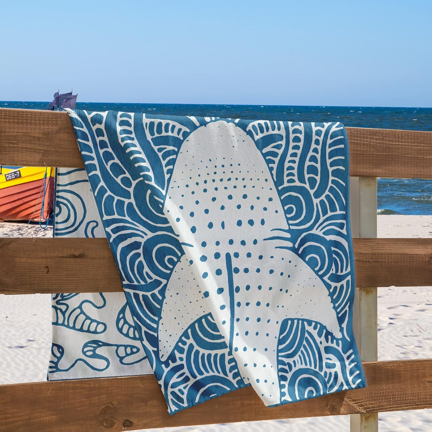 Thumbnail 3 de RESTILO Grande serviette de plage 100% coton 90 x 180 cm double face, bleu foncé/bleu marine, blanc