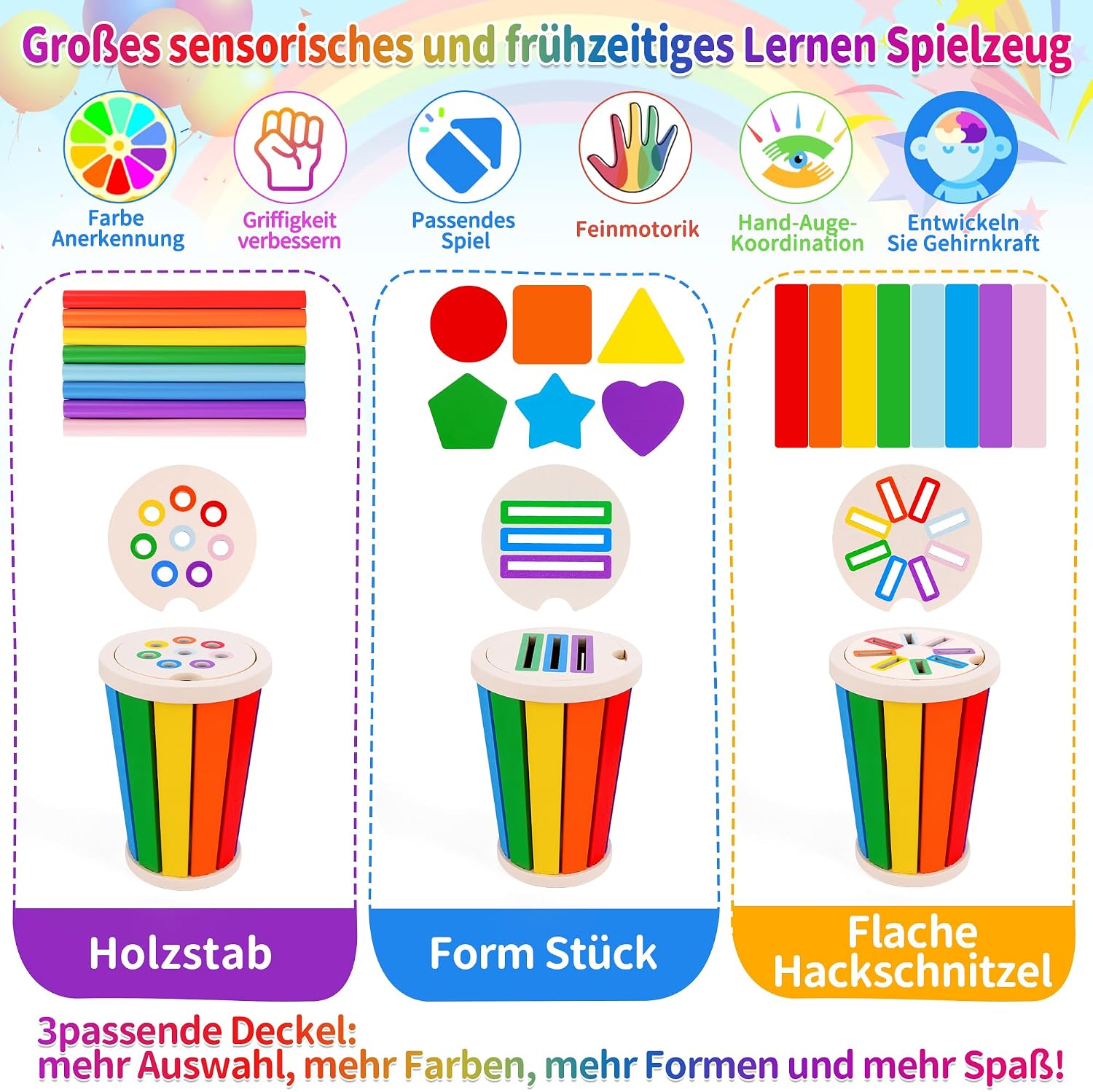 Detalle 2 de FCSONU Montessori Steckspiel Regenbogenfarben & Formen (34-teilig) ab 1–3 Jahren