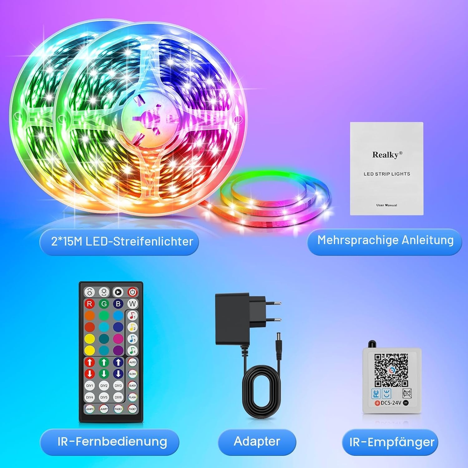Thumbnail 6 de LED Streifen 30 m: Bluetooth App, Fernbedienung, Musik-Sync und DIY-Farbwechsel – 2×15 m Selbstklebend