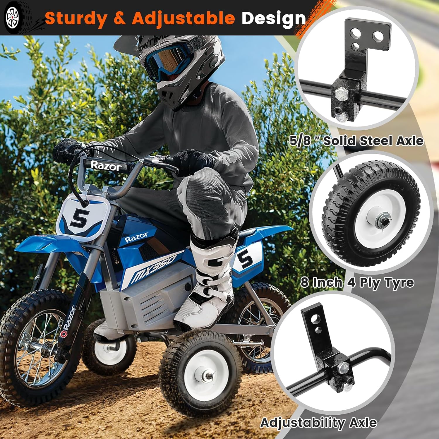 Detalle de Dirt Bike Training Wheels for 50cc Kids Bikes (PW 50, Razor MX125/MX350) – Stainless Steel Stabilizers, Black