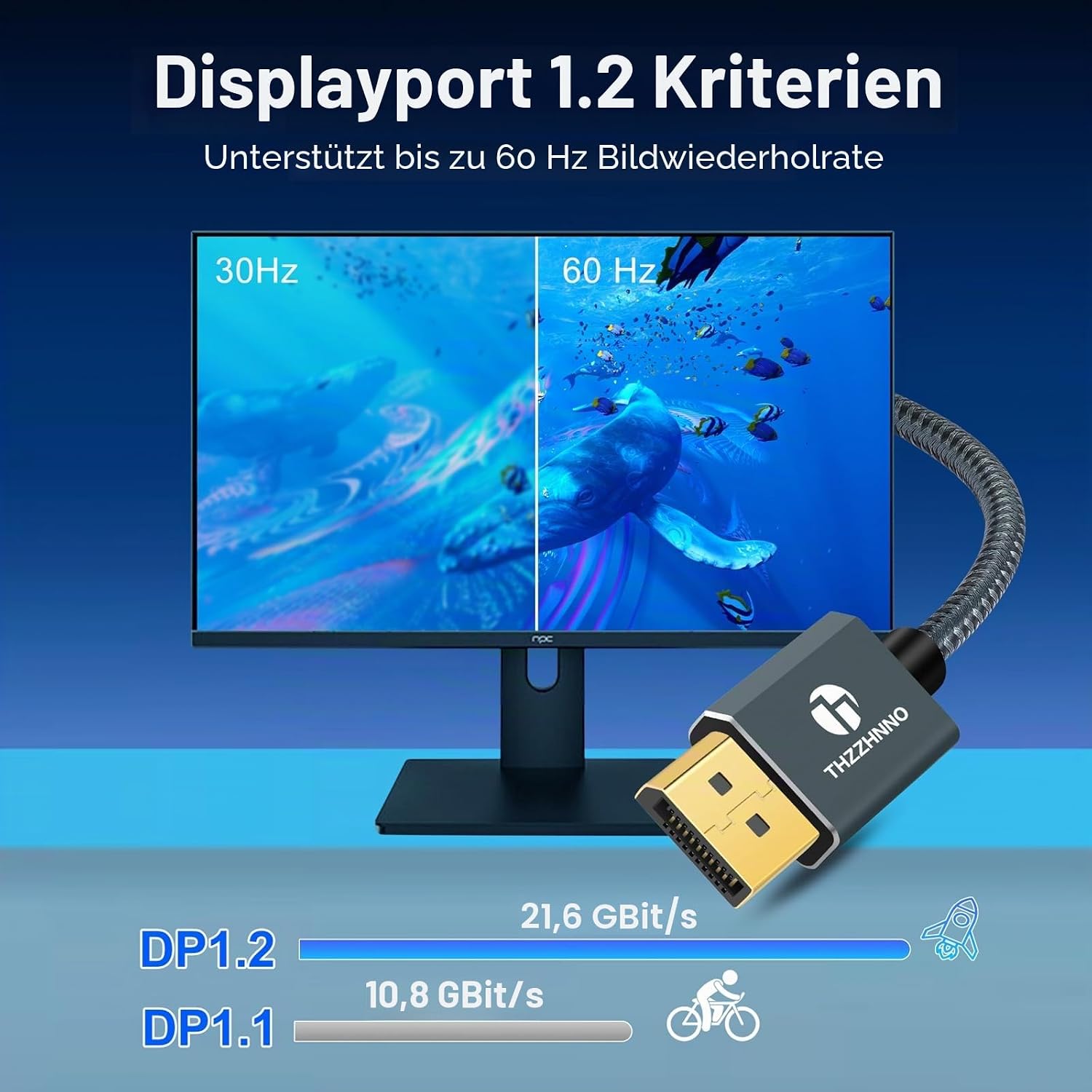 Detalle de Thzzhnno DisplayPort 1.2 Kabel (DP auf DP) 4K bis 60 Hz, 2 m – für Laptop, PC und Gaming-Monitor