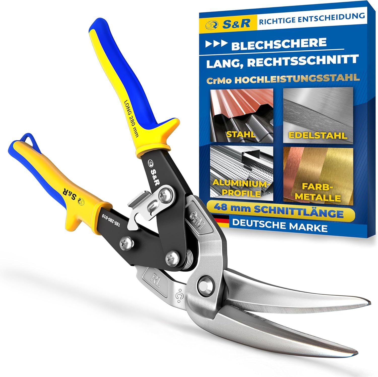 S&R Blechschere Rechtsschnitt 280 mm – Durchlaufblechschere mit CrMo-Stahlklingen, induktionsgehärtet 60–62 HRC