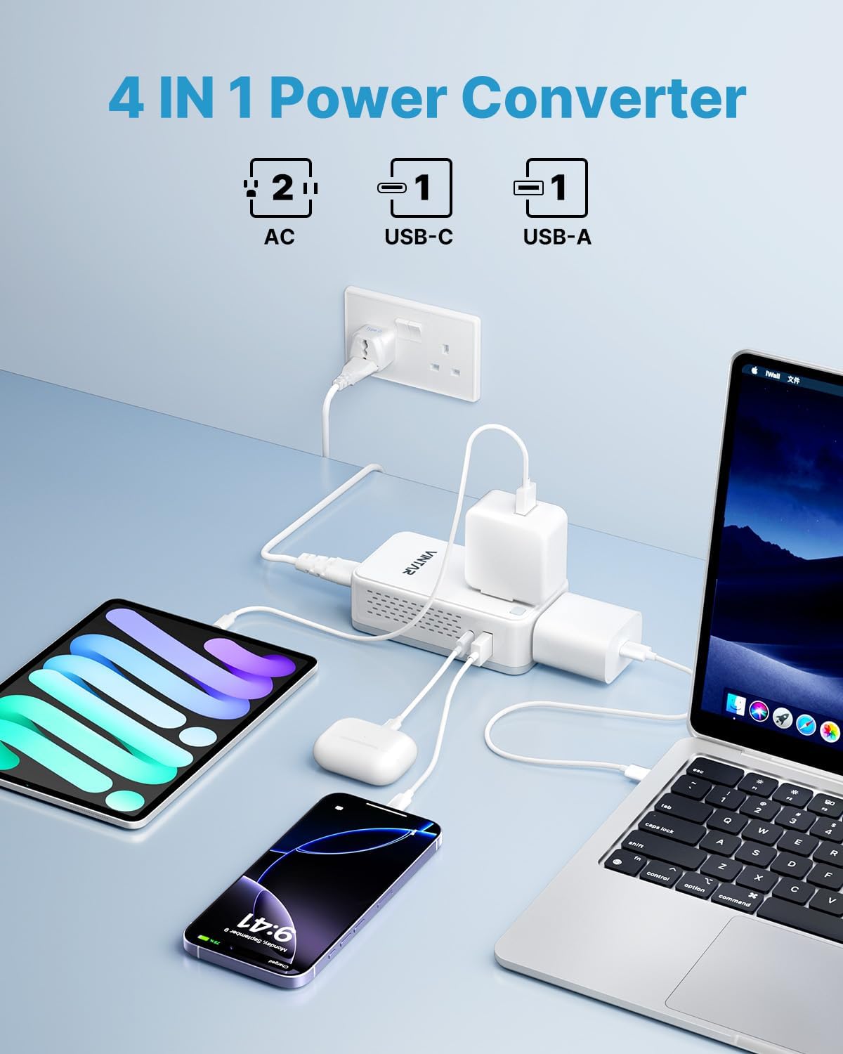 Detalle de VINTAR Mini 220V to 110V Travel Converter (200W) – 4-in-1 Universal Adapter