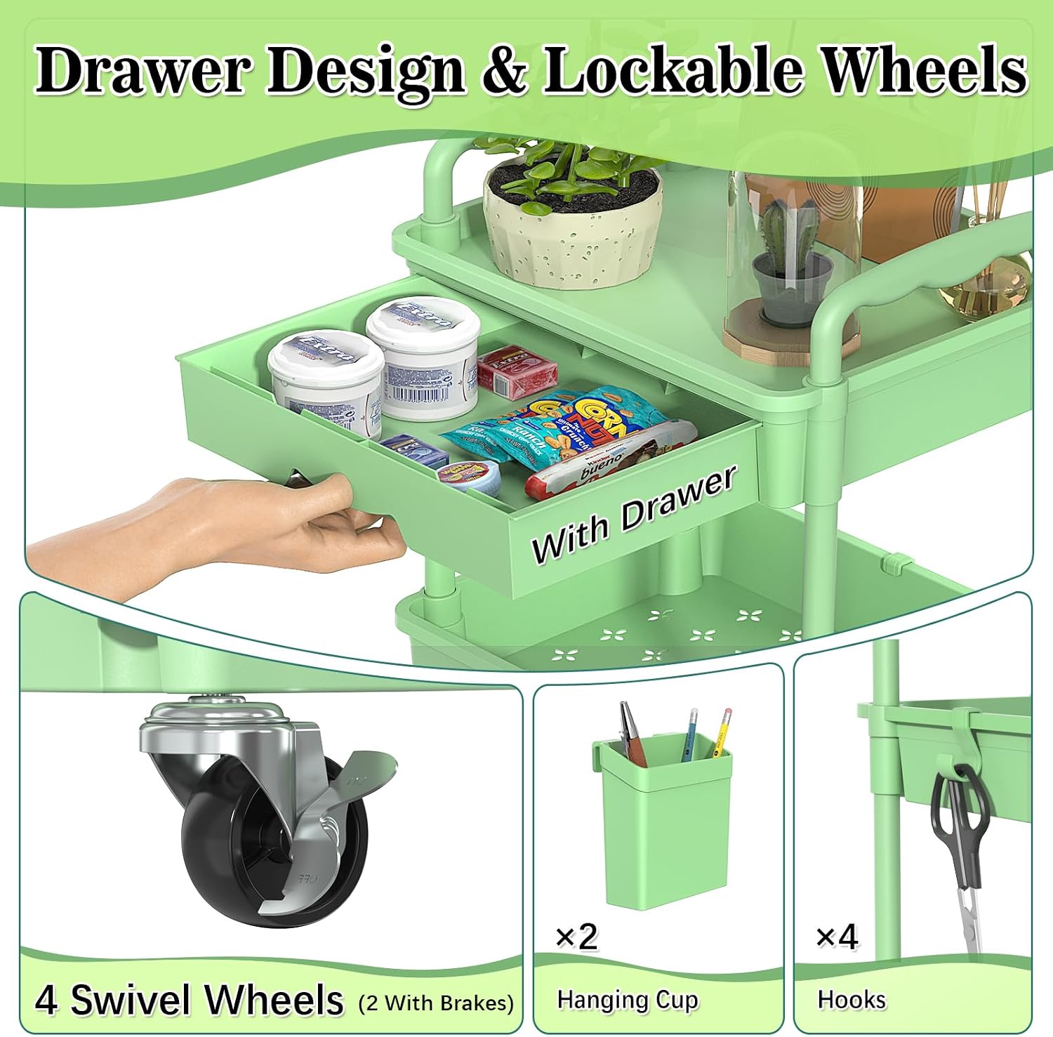 Detalle de SUNALLY 3-Tier Rolling Cart with Drawer, Green, 4 Swivel Wheels
