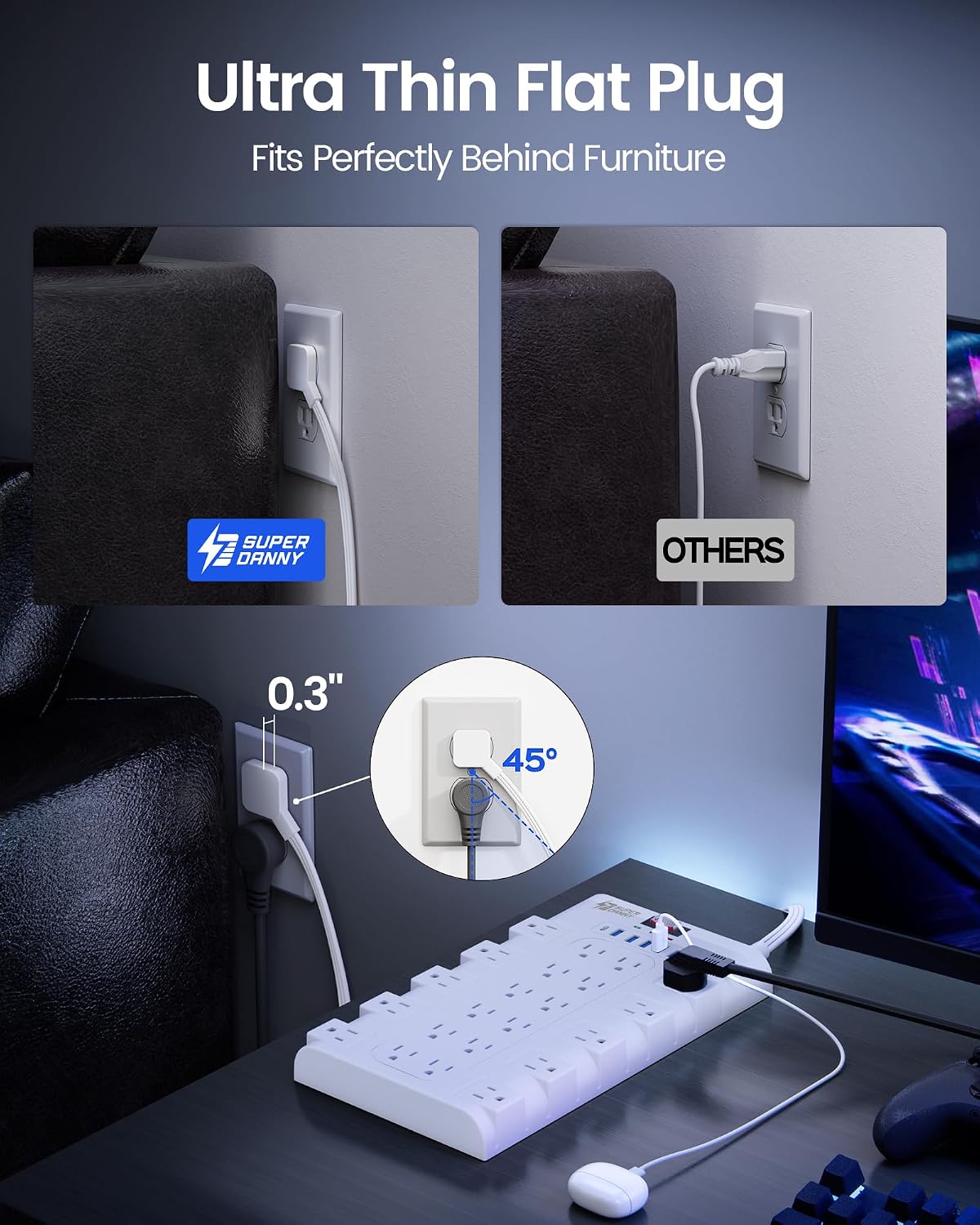 Thumbnail 1 de SUPERDANNY Flat Plug Power Strip Surge Protector, 22 Outlets, 6 USB, 2100J