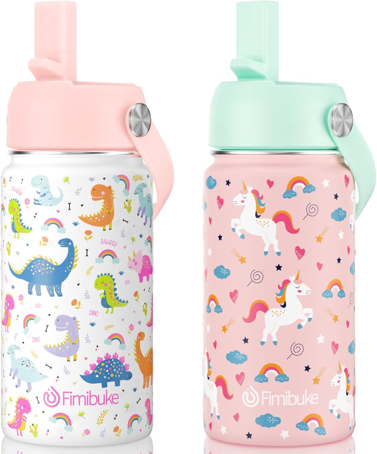 Detalle de Fimibuke Kids Insulated Water Bottle (14oz) BPA-Free Double-Wall Vacuum Tumbler, Leak-Proof Straw Cups — 2-Pack (Unicorn/White Dinosaur)