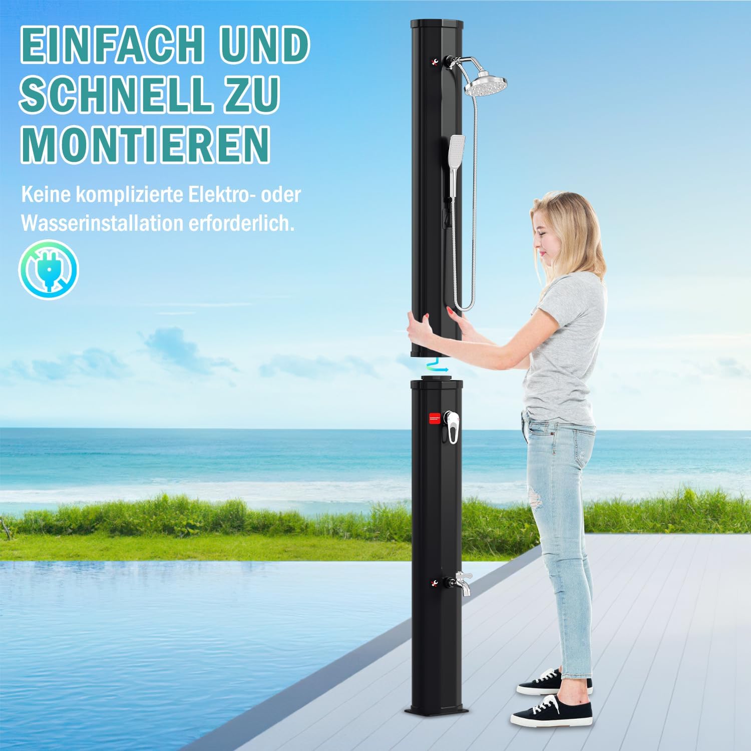 Thumbnail 4 de Randaco Solardusche Solar Gartendusche – 40 L, bis zu 60°C, ohne Strom, 360° Duschkopf, Fußhahn, Schwarz