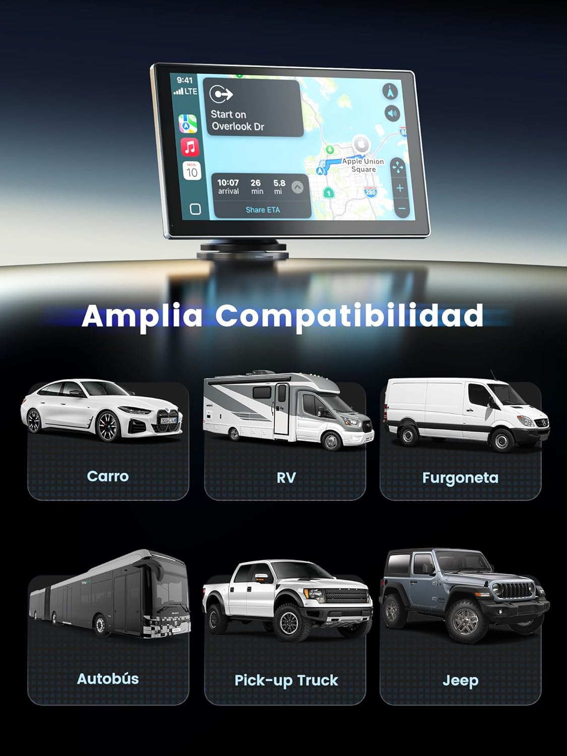 Detalle de Carplay Auto 9'': Dash Cam 4K Frontale e 1080P Posteriore, Navigazione GPS, CarPlay/Android Auto Wireless, Mirror Link e SD 64GB Inclusa