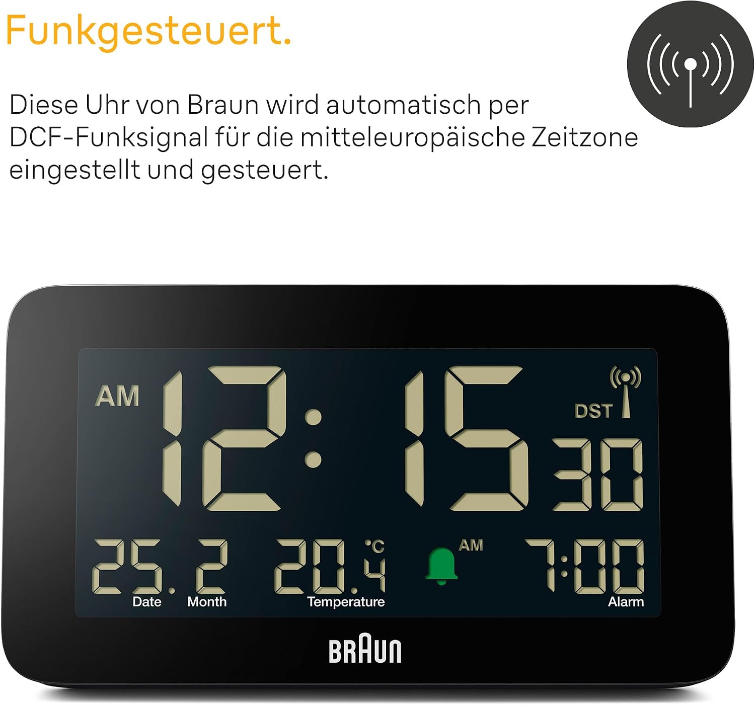 Detalle de Braun Funk-Digitalwecker BC10B-DCF – Funkgesteuert mit Datums-, Monats- und Temperaturanzeige