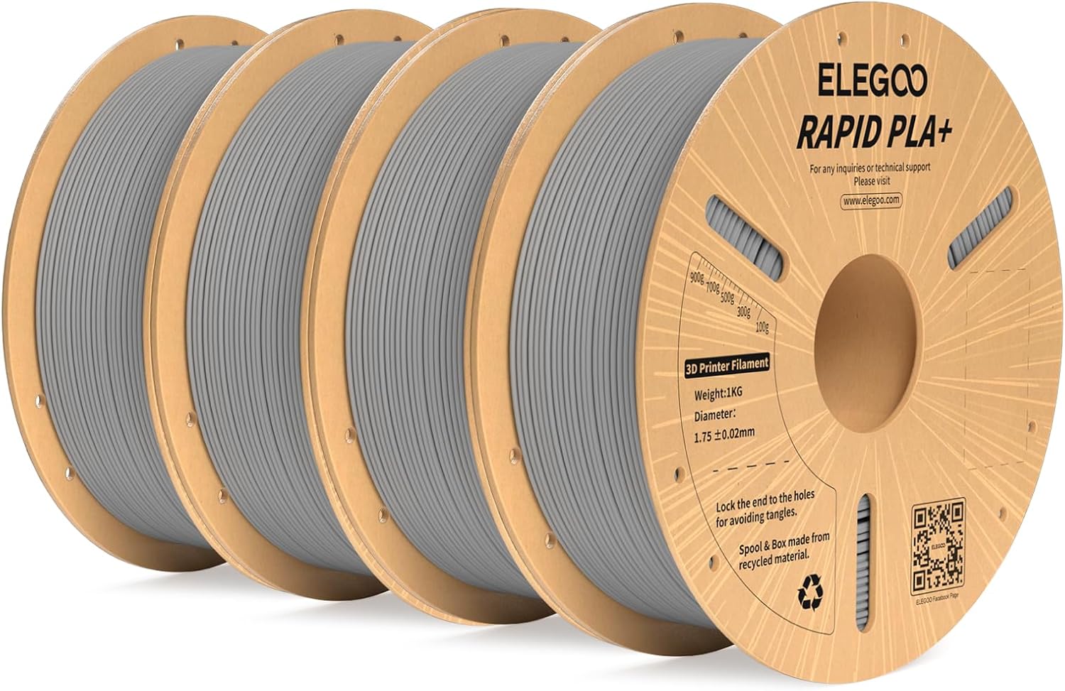 ELEGOO Rapid PLA Plus 1.75 mm Gray PLA+ 3D Printer Filament, 4 kg
