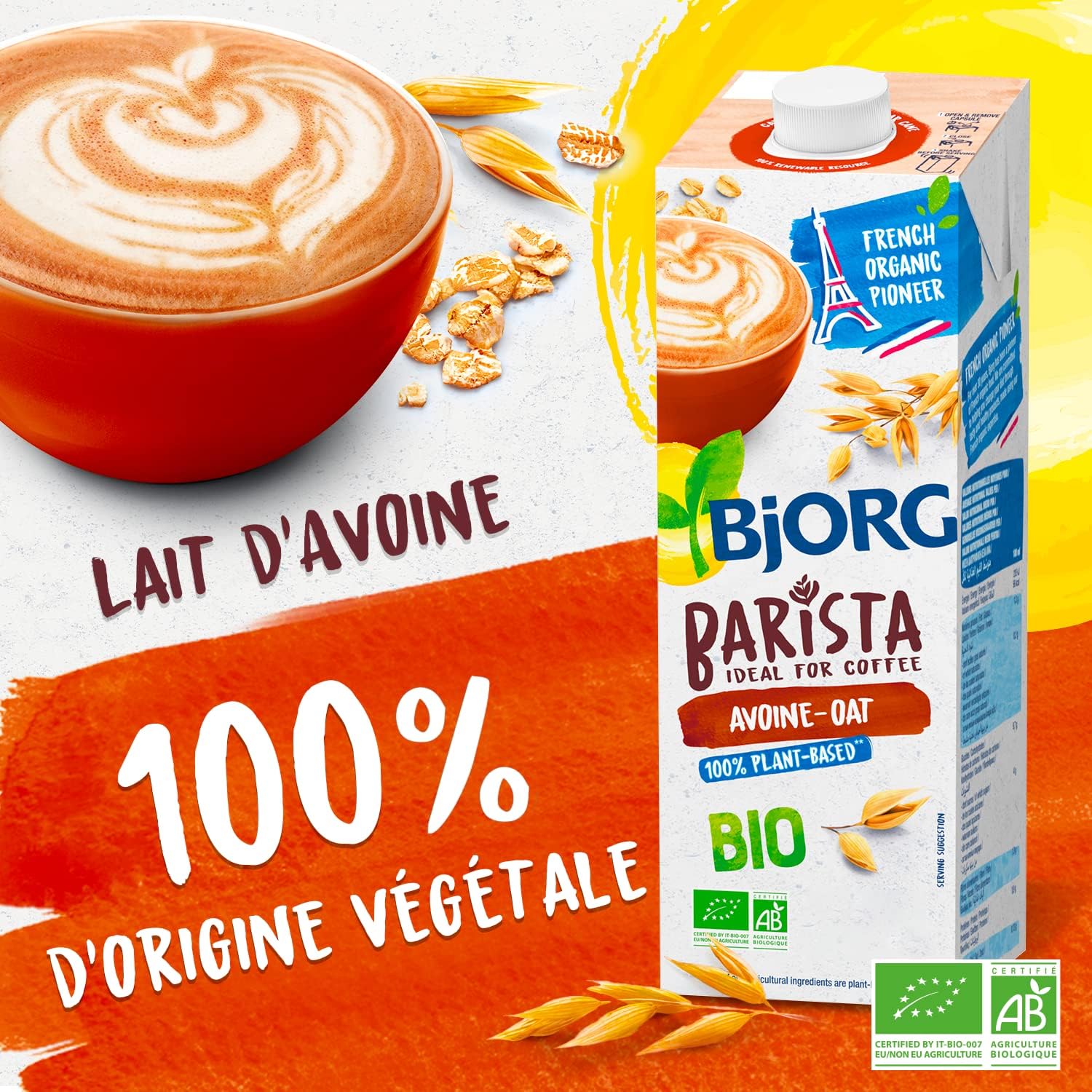 Detalle de BJORG Boisson Avoine Barista Bio – Lait végétal pour café et latte art, 1 L × 6
