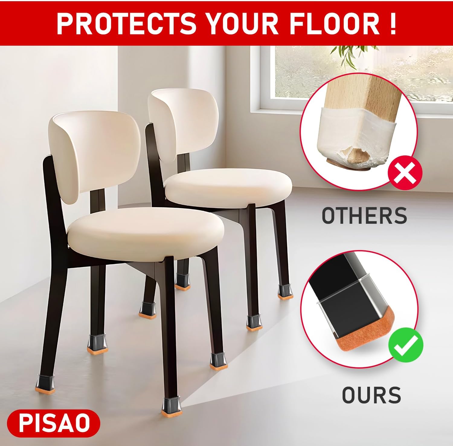 Detalle 2 de PISAO P-02 Chair Leg Protectors, Clear Silicone Caps with Wrapped Felt Bottom