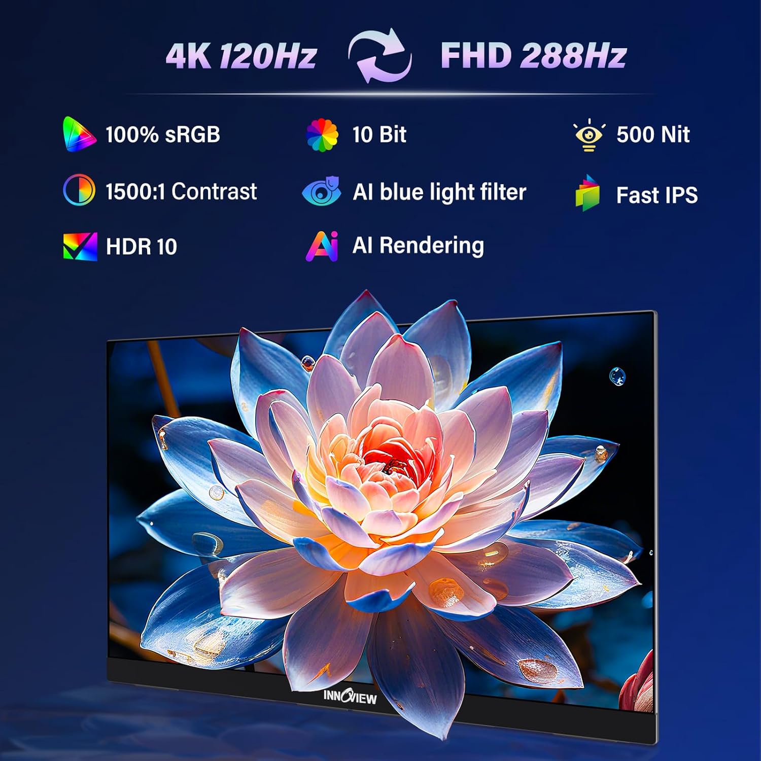 Thumbnail 3 de InnoView 27-Inch Dual-Mode 4K UHD/ FHD 120Hz/288Hz Portable Monitor with USB-C & HDMI