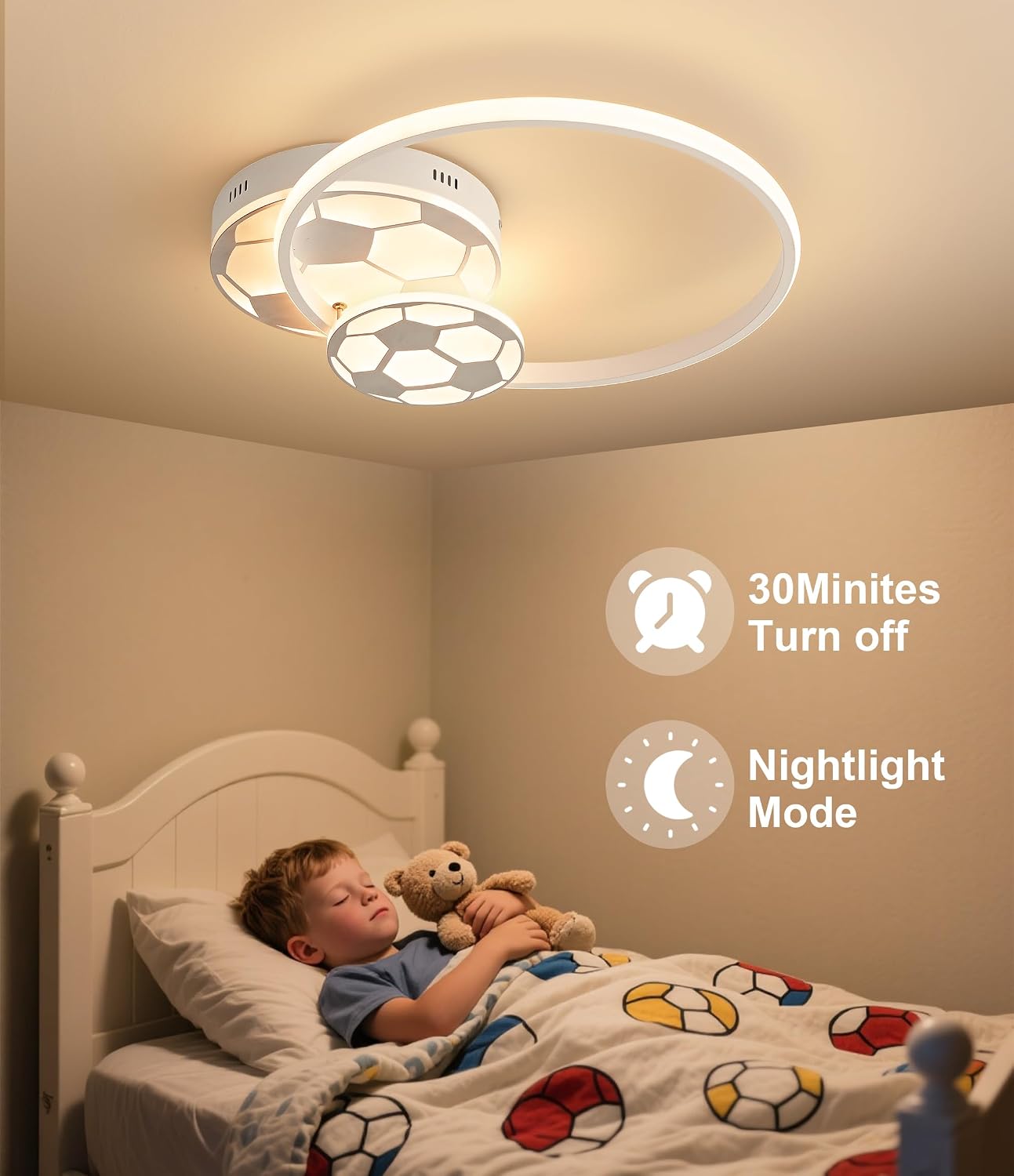 Detalle 2 de KAUCQI 35CM Plafoniera LED per Camera dei bambini, Dimmerabile e Con Telecomando – Design Calcio