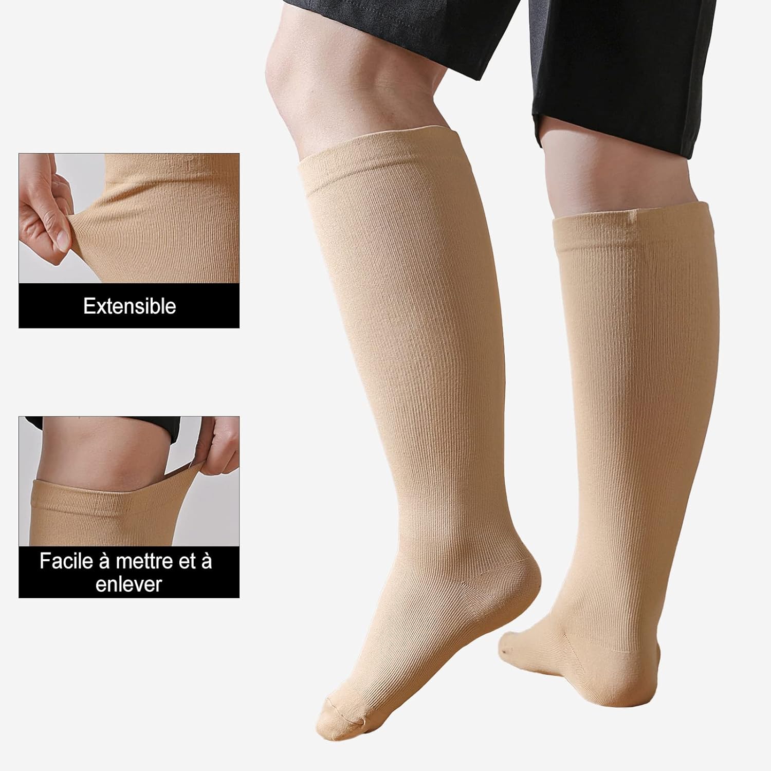 Detalle 2 de PUTUO Bas de contention grande taille (2XL à 7XL) – chaussettes de compression pour sport, voyage et grossesse, lot de 3 paires