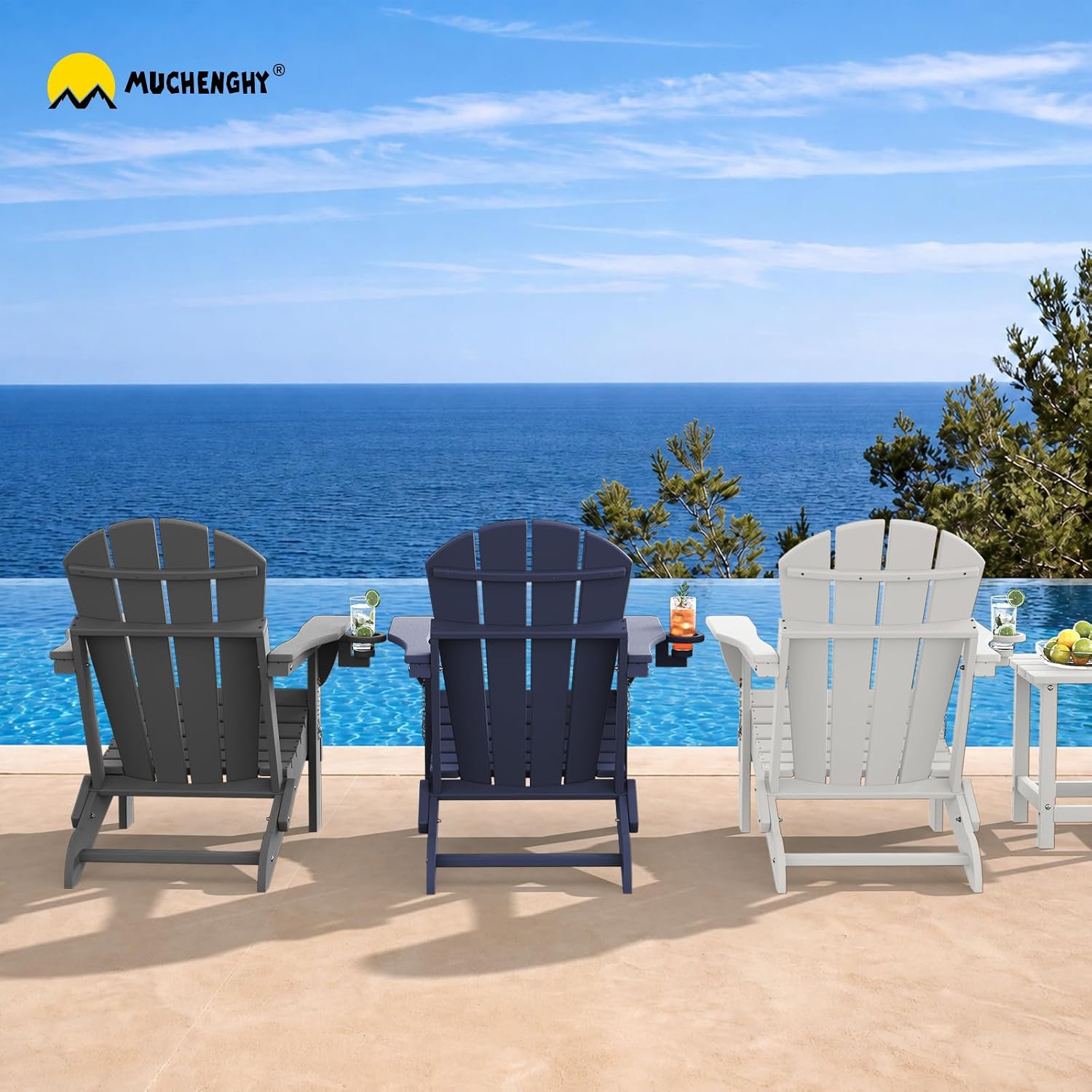 Detalle 2 de MUCHENGHY Folding Adirondack Chair Set of 2, Dark Navy HDPE, Cup Holder