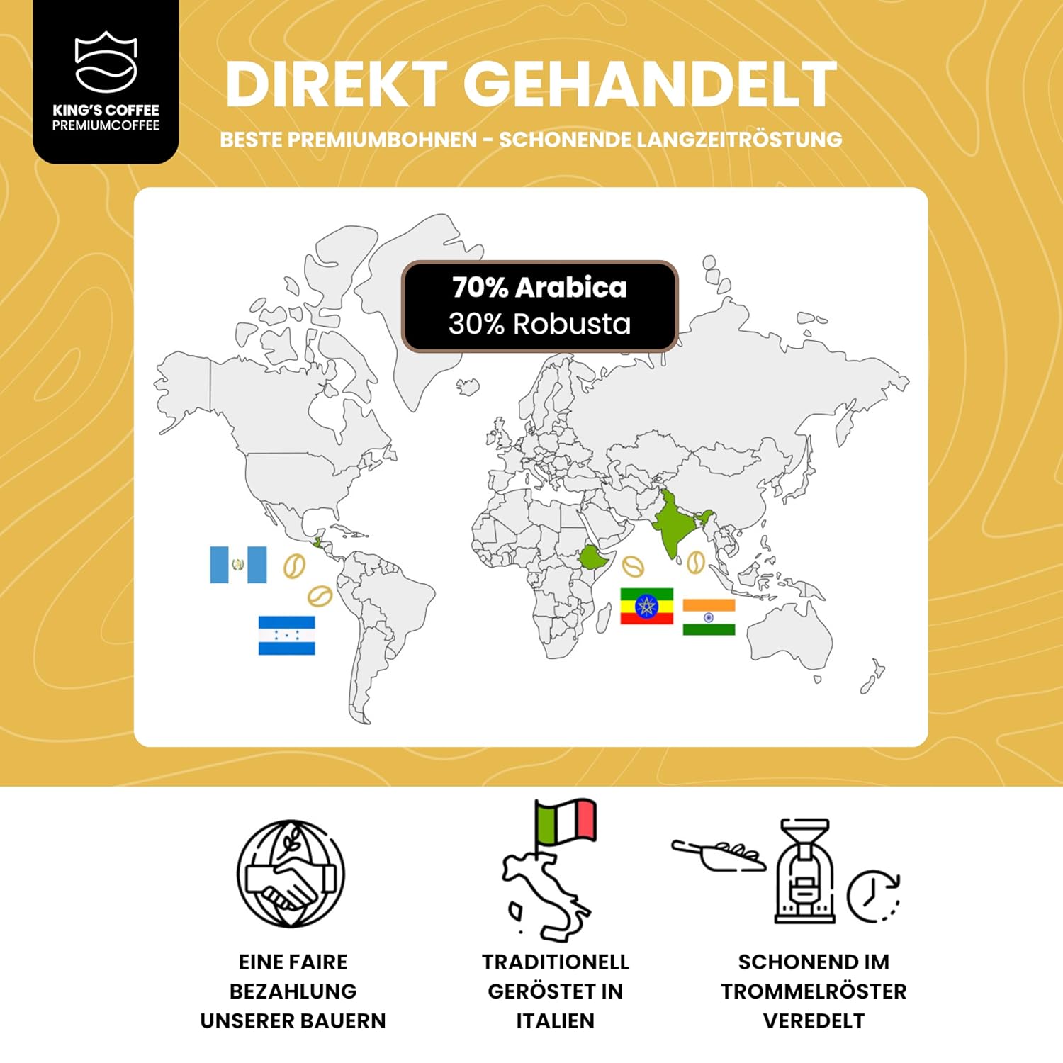 Detalle de KING'S COFFEE SPECIAL ROAST – 1 kg Premium Barista Espressobohnen – säurearm, italienische Trommelröstung, Arabica-Robusta Blend
