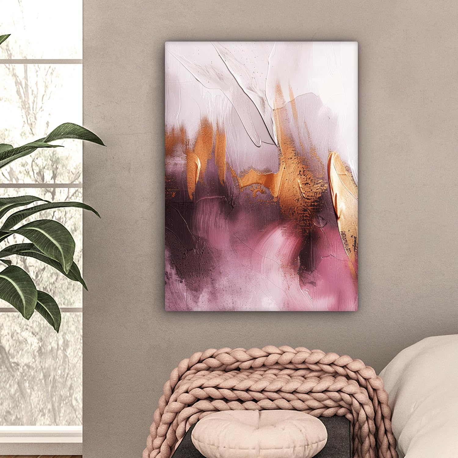 Detalle 2 de MuchoWow© canvasdoek 50 x 70 cm met abstracte aquarel in goud en roze