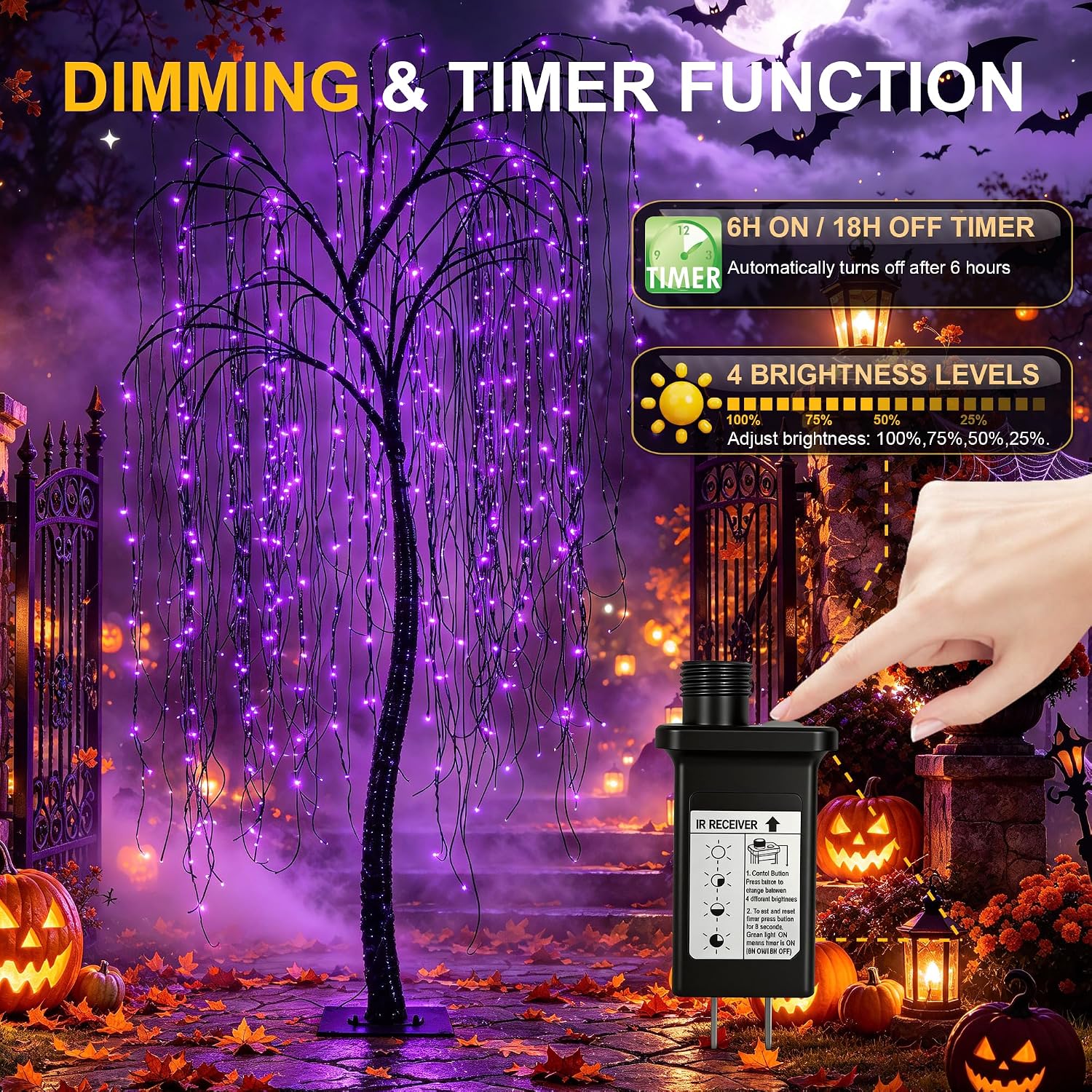 Detalle de LIGHTSHARE 7-Foot Halloween Willow Tree with 256 Purple LEDs, Timer and Stakes