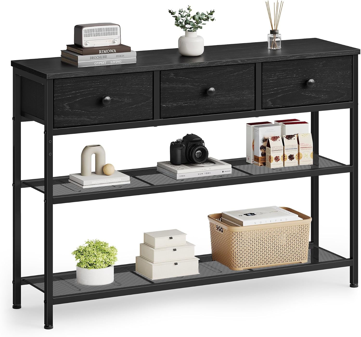 Detalle de SONGMICS LGS098B201 BELLAH consoletafel met 3 stoffen lades en 2 gaasplanken