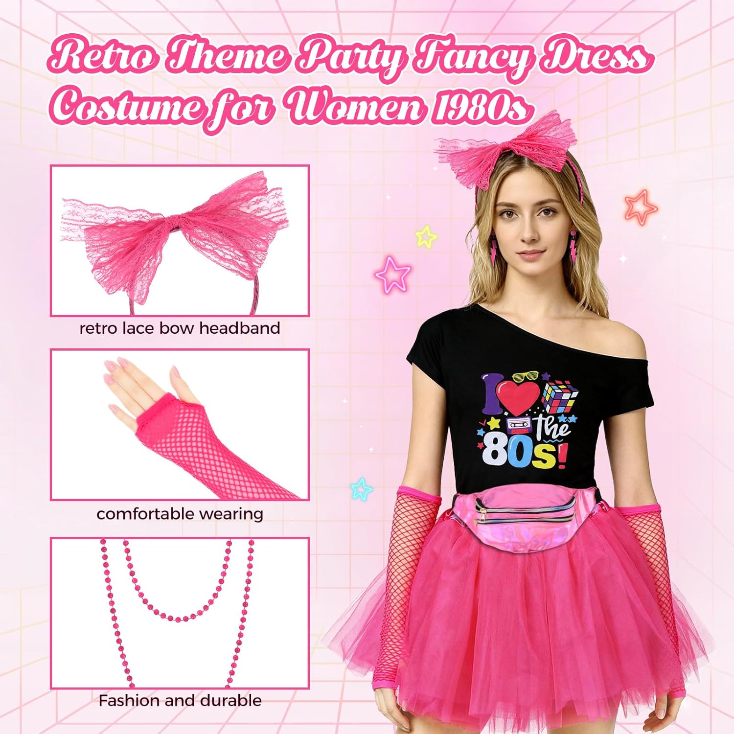 Thumbnail 2 de HuiJuKeJi 80er Jahre Outfit Damen Set mit Neon-Accessoires (24-teilig)