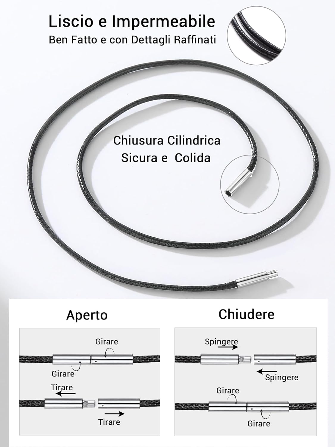 Thumbnail 4 de PROSTEEL collana da uomo in pelle nera intrecciata 2mm con chiusura in acciaio inox (lunghezze 41–76 cm)