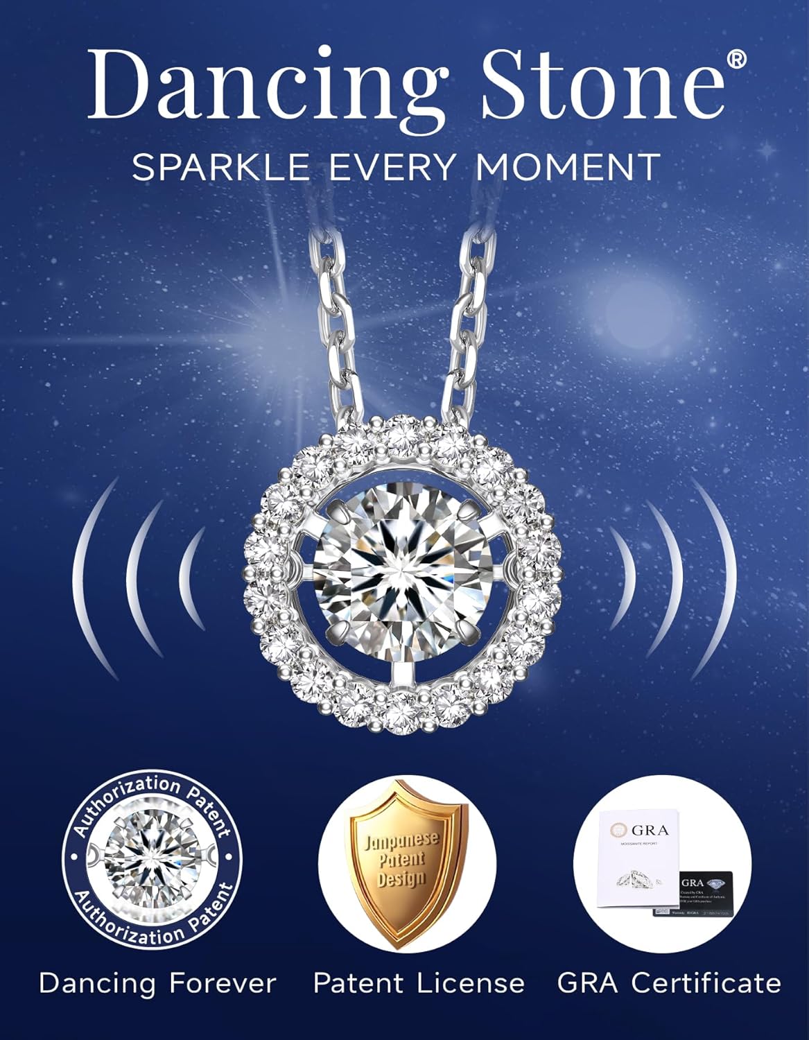 Detalle de MomentWish Collier Femme Pendentif Moissanite Dansant 1 Carat – Argent 925, Certificat GRA
