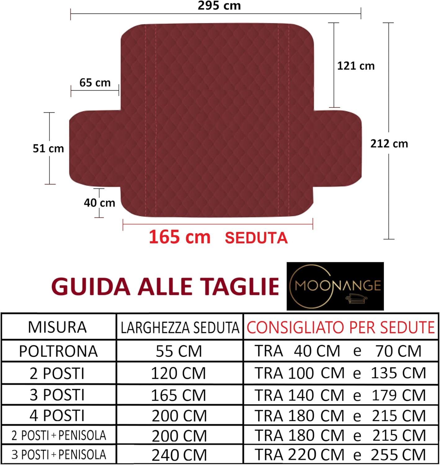 Thumbnail 4 de Moonange Copridivano 3 Posti con Braccioli Seduta 165 cm: impermeabile, reversibile e anti-pelo — Bordeaux