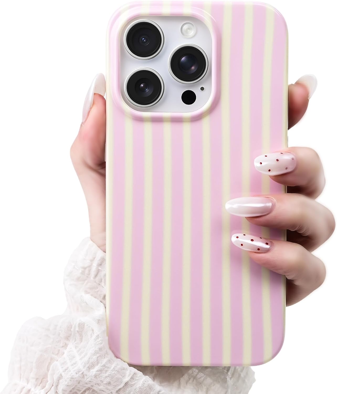 Detalle de SleekCover: Pink/Yellow Striped iPhone 15 Pro Case — Soft TPU, Shockproof & Cute