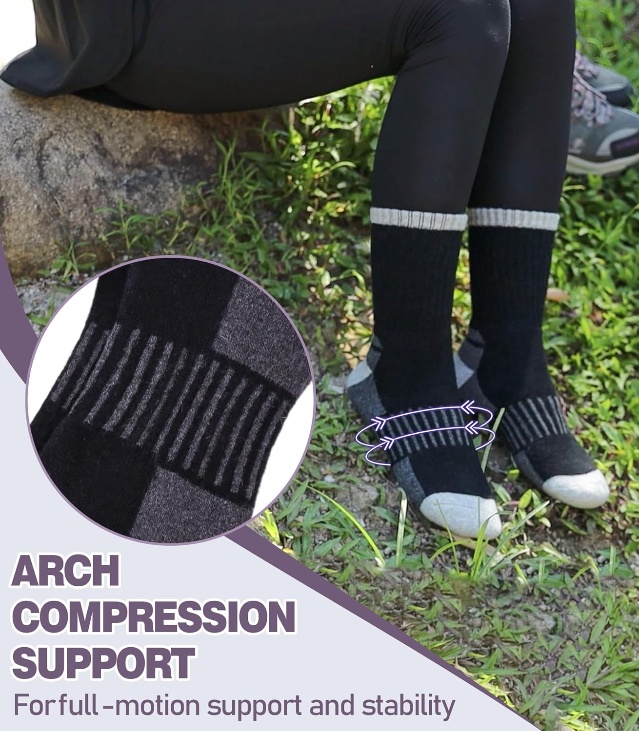 Detalle 2 de DYW Merino Wool Hiking Socks, Cushioned Crew Socks, 5-Pair Pack