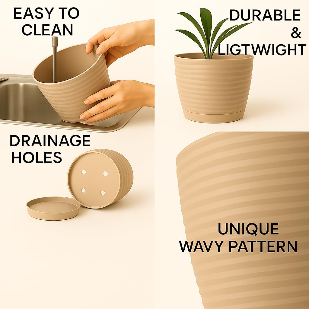 Thumbnail 2 de Home Garden Ornaments Wave Plant Pots Indoor – Taupe 19cm with Drainage and Integrated Saucer