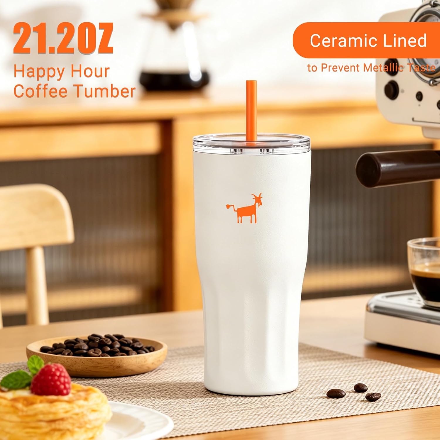 Detalle de CHEERFUL GOAT CFG-Coffee Mug No Handle-21oz Travel Mug, Ceramic Liner, 600 ml, White
