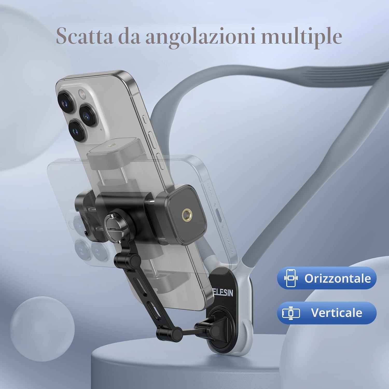 Thumbnail 5 de TELESIN Supporto da collo per telefono con clip e cinturino pettorale per selfie e video su iPhone e Samsung