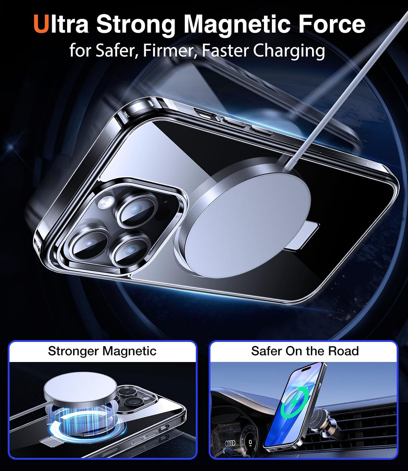 Detalle 2 de Chicfun 3-in-1 Magnetic Phone Case for iPhone 15 Pro Max (MagSafe) with KickStand & Ring Holder — Clear