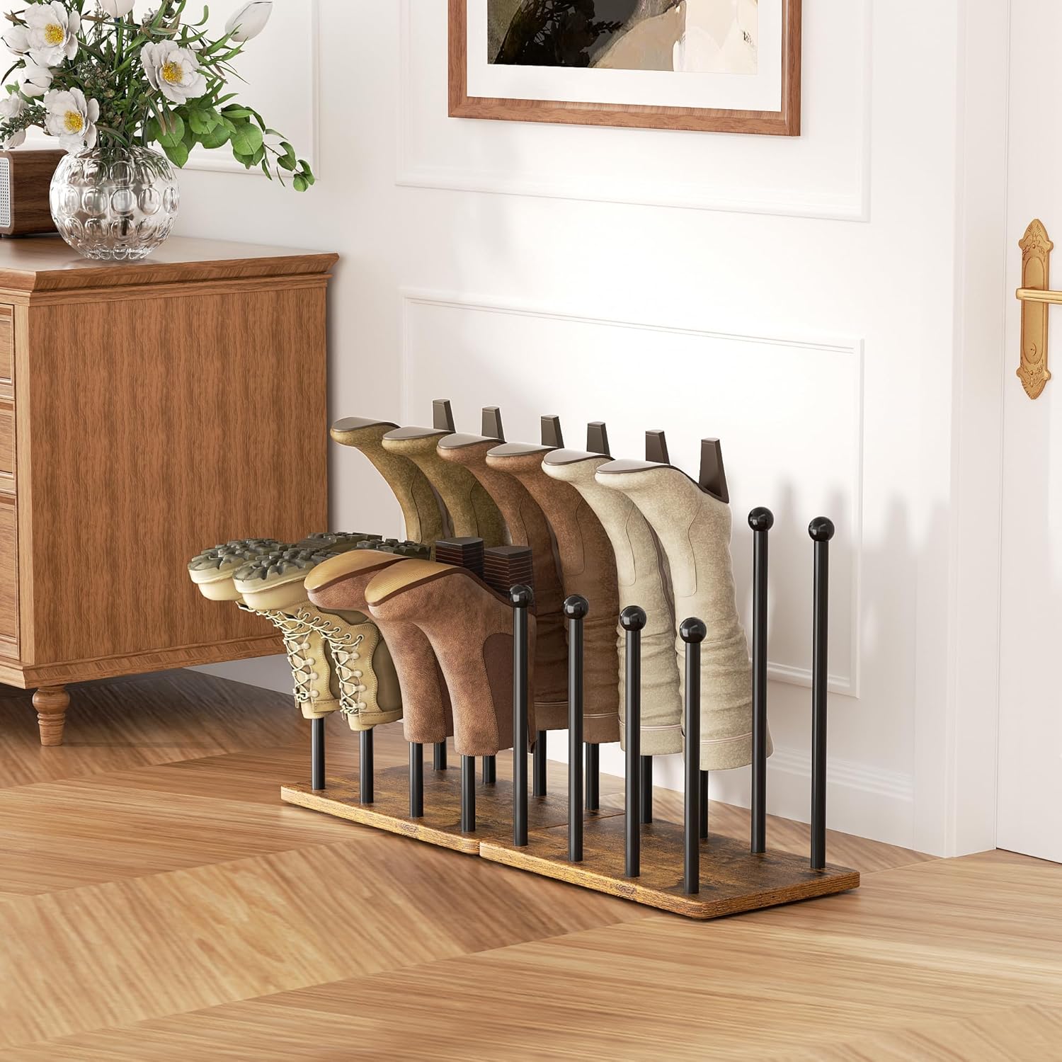 Detalle de pickpiff Étagère à chaussures 8 paires – Peu encombrante, base en bois, Noir