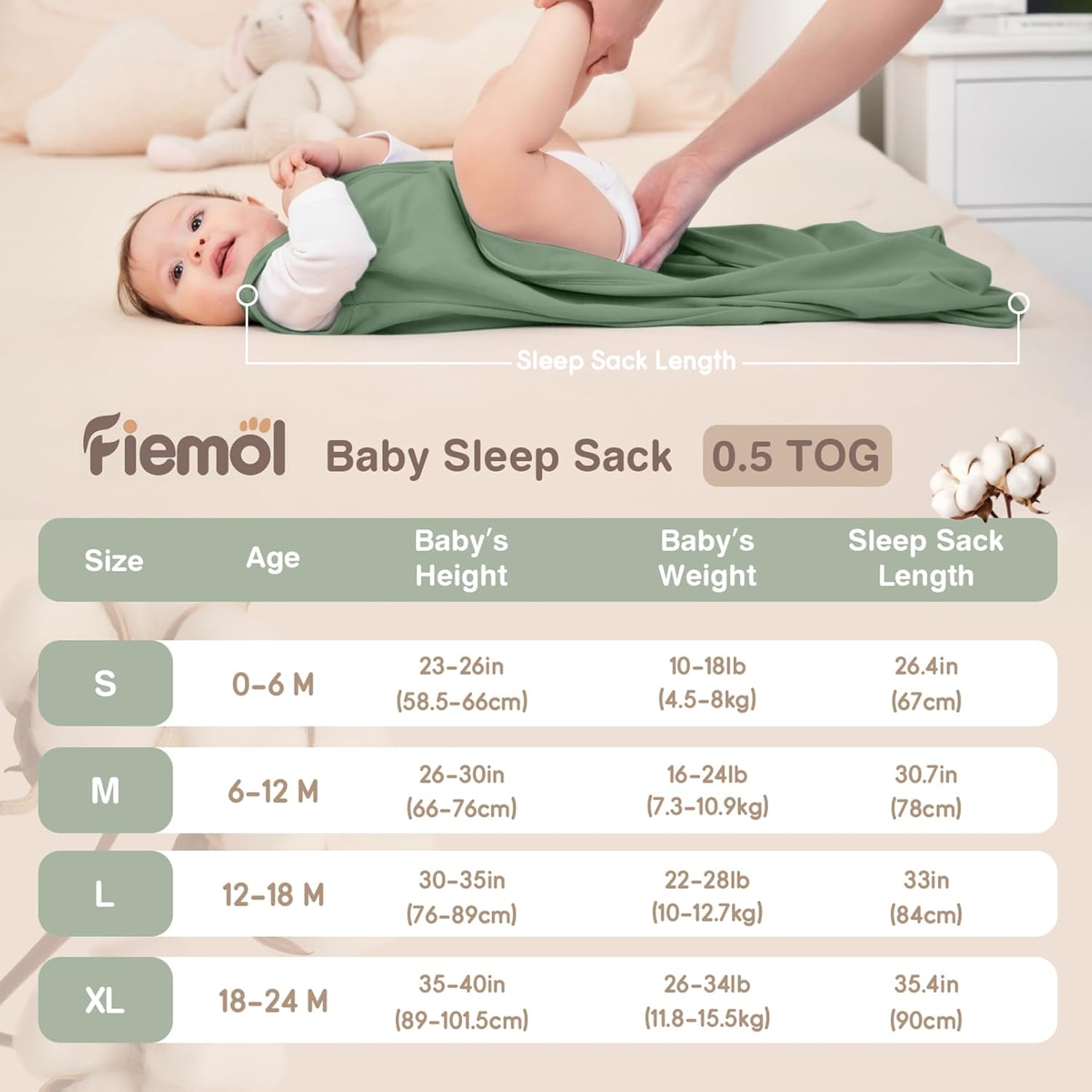 Detalle de FIEMOL Baby Sleep Sack 0-6 Months, 3-Pack 100% Cotton Wearable Blanket (0.5 Tog) Cyan