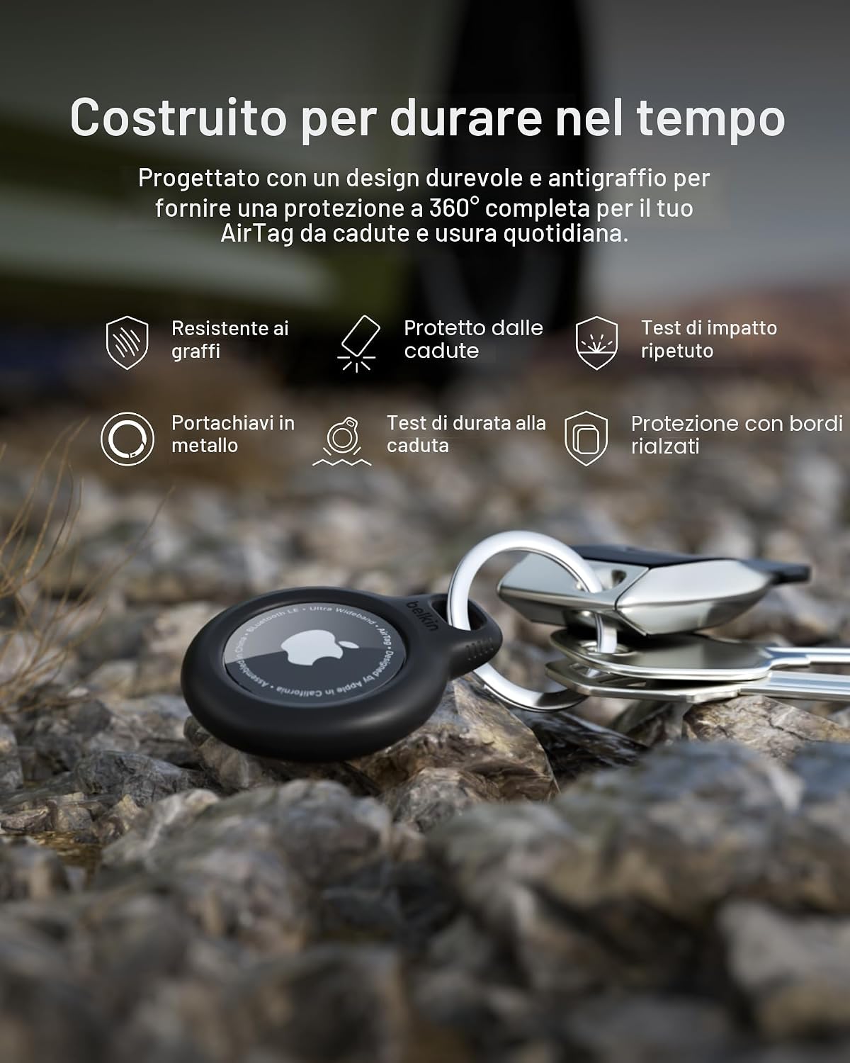 Detalle de Belkin portachiavi per Apple AirTag (2 pezzi) con custodia e anello porta AirTag, nero e bianco