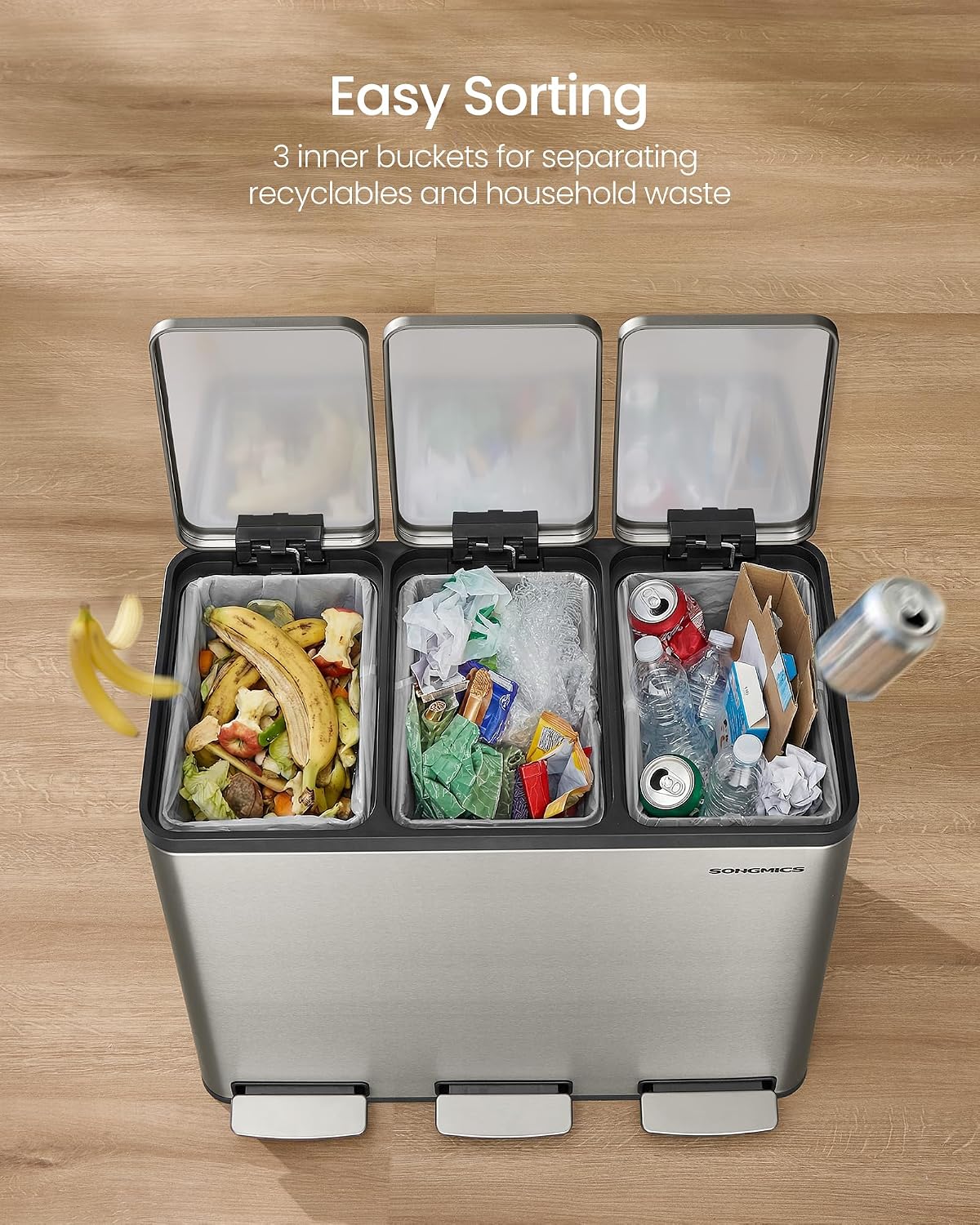 Detalle de SONGMICS 3 x 4.8 Gallon Kitchen Bin (3 x 18 L) with 2 Compartments – LTB254EZ01