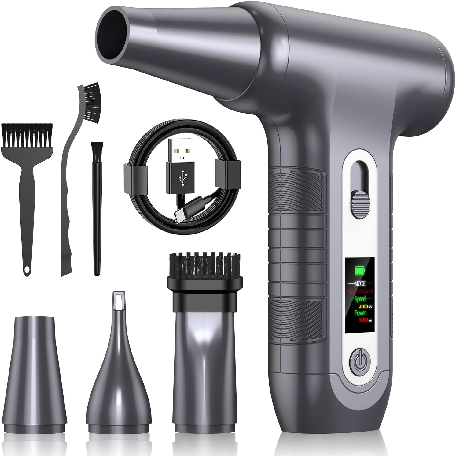 Detalle de Elektrische Staubgebläse 200000 U/min mit HD-Display – Air Duster Mini-Gebläse für PC-Reinigung (Modell W06, Silber)