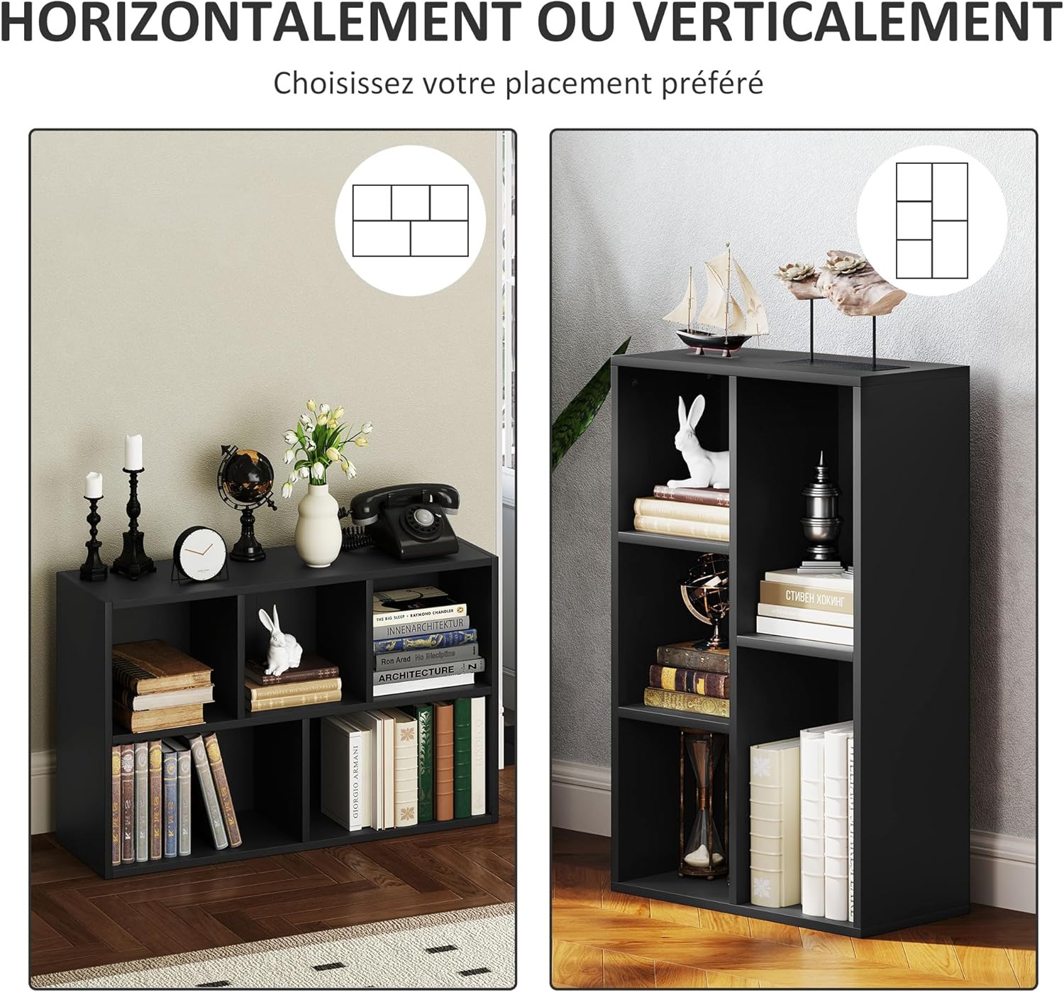 Thumbnail 4 de HOMCOM Bibliothèque étagère de Rangement 2 Niveaux, 5 Compartiments, Noir, 50 x 24 x 80 cm