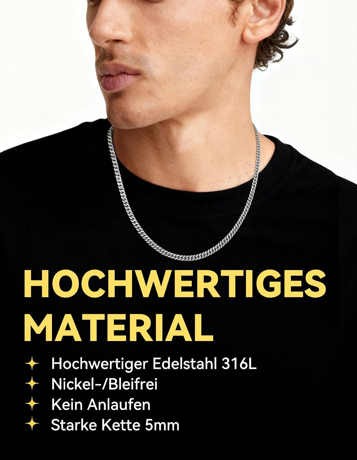Detalle de ChainsHouse Panzerkette Miami – 5/7/9/12 mm, Edelstahl 316L, 66 cm, silber/gold/schwarz