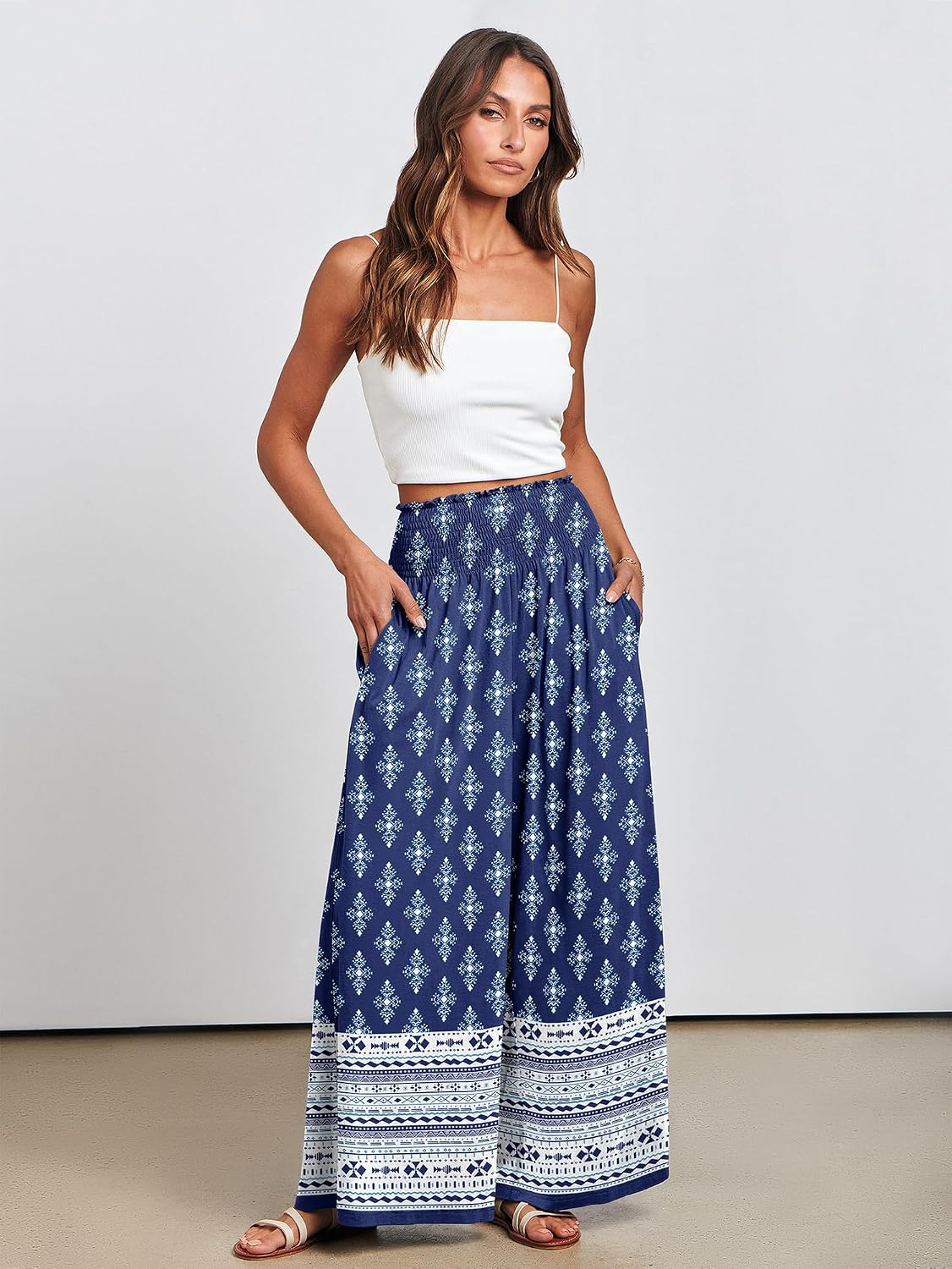 Detalle de ANRABESS Women Palazzo Pants: Boho Wide-Leg Comfort with Hidden Pocket