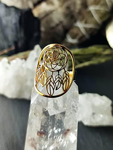Detalle de Simboliks Anillo Atrapasueños Amuleto con Semilla de la Vida | Acero inoxidable ajustable