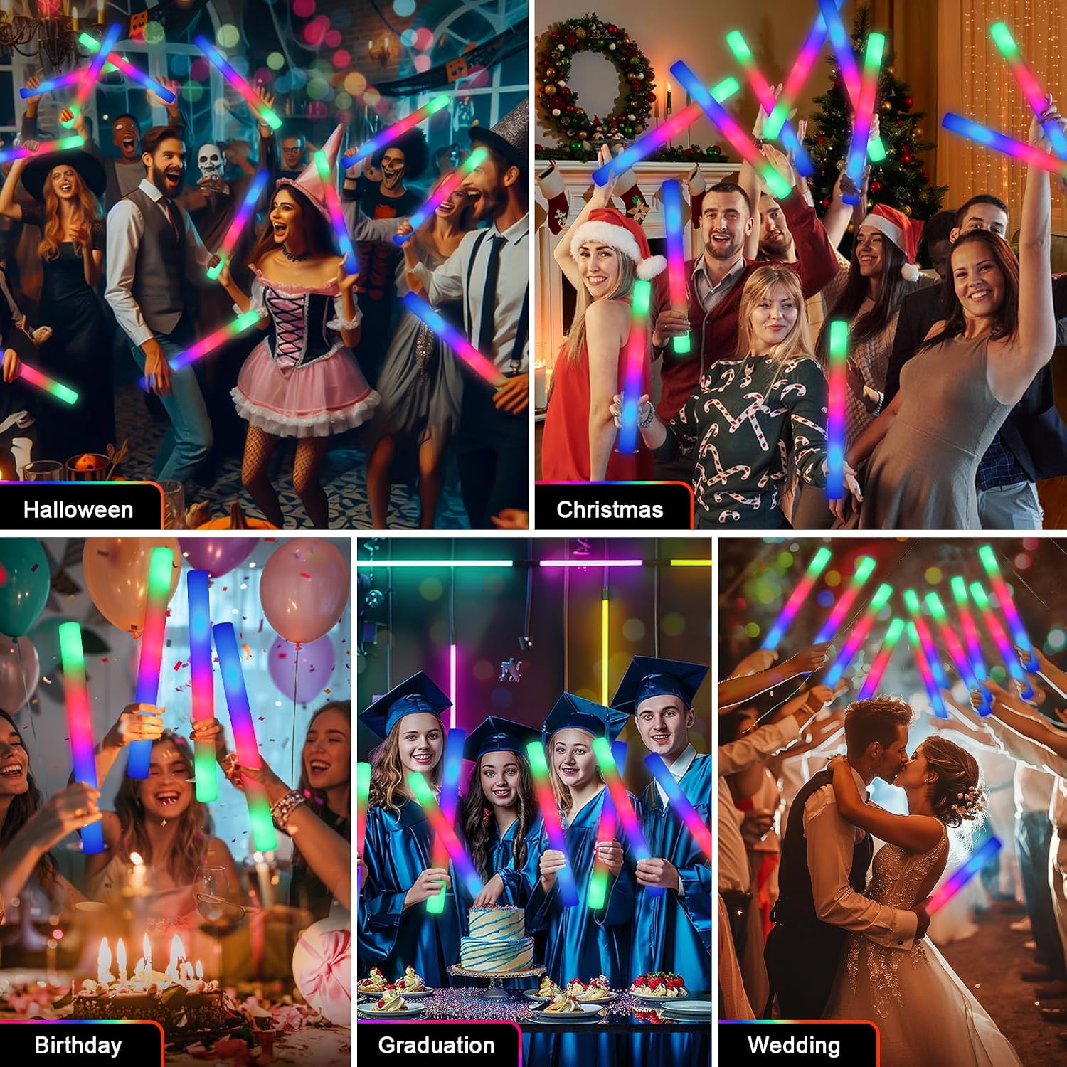 Detalle de wellent 55 PCS Foam Glow Sticks LED Foam Light-Up Sticks (3 Color Modes)