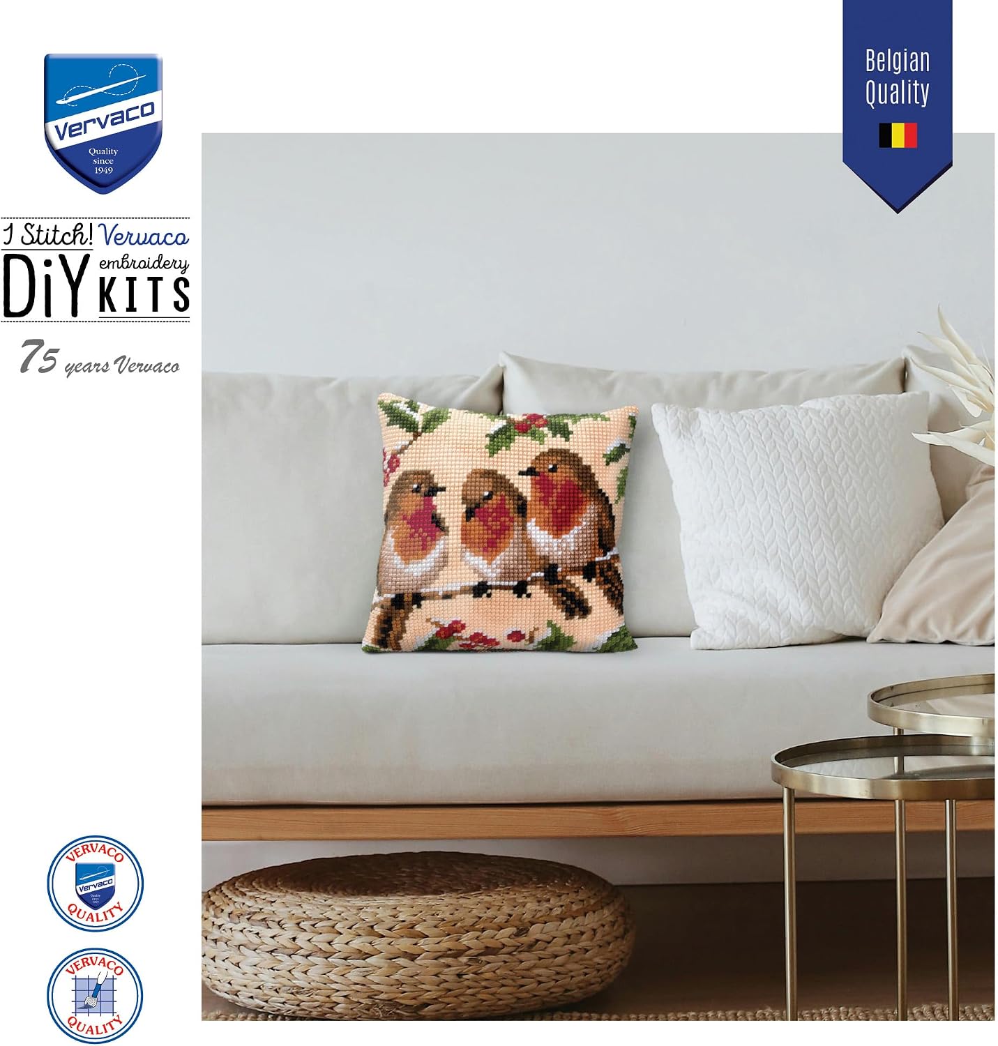 Detalle de VERVACO Trzej Przyjaciele – zestaw do haftu krzyżykowego na poduszkę 40 × 40 cm