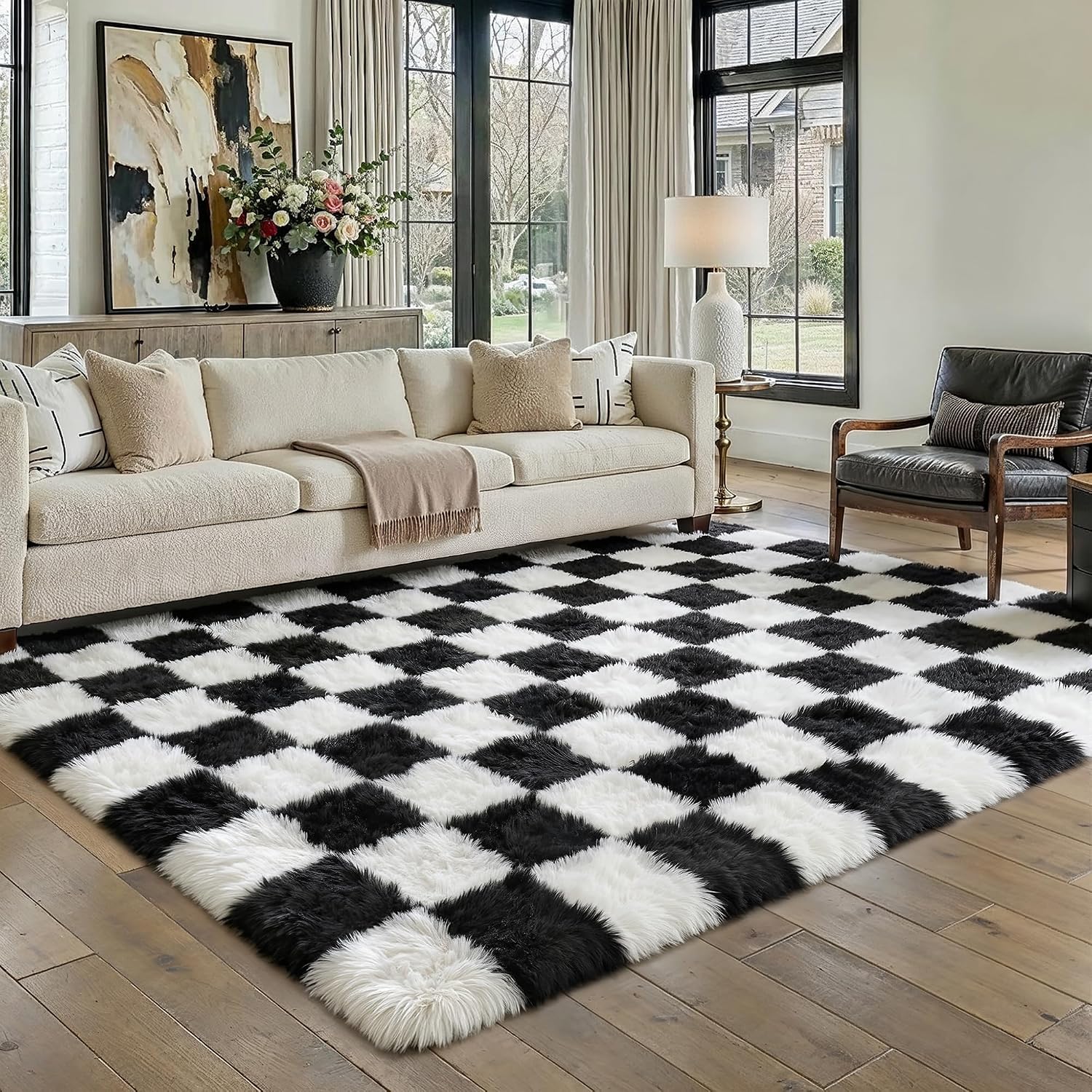 Detalle de HUGEAR X24IU0093 Shaggy Checkered Rug, 160 x 230 cm, Black and White