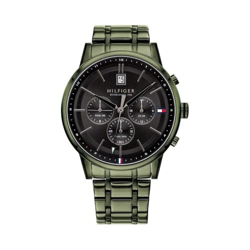 Detalle de Tommy Hilfiger 44mm Multifunction Quartz Watch with Green IP Bracelet and Black Dial
