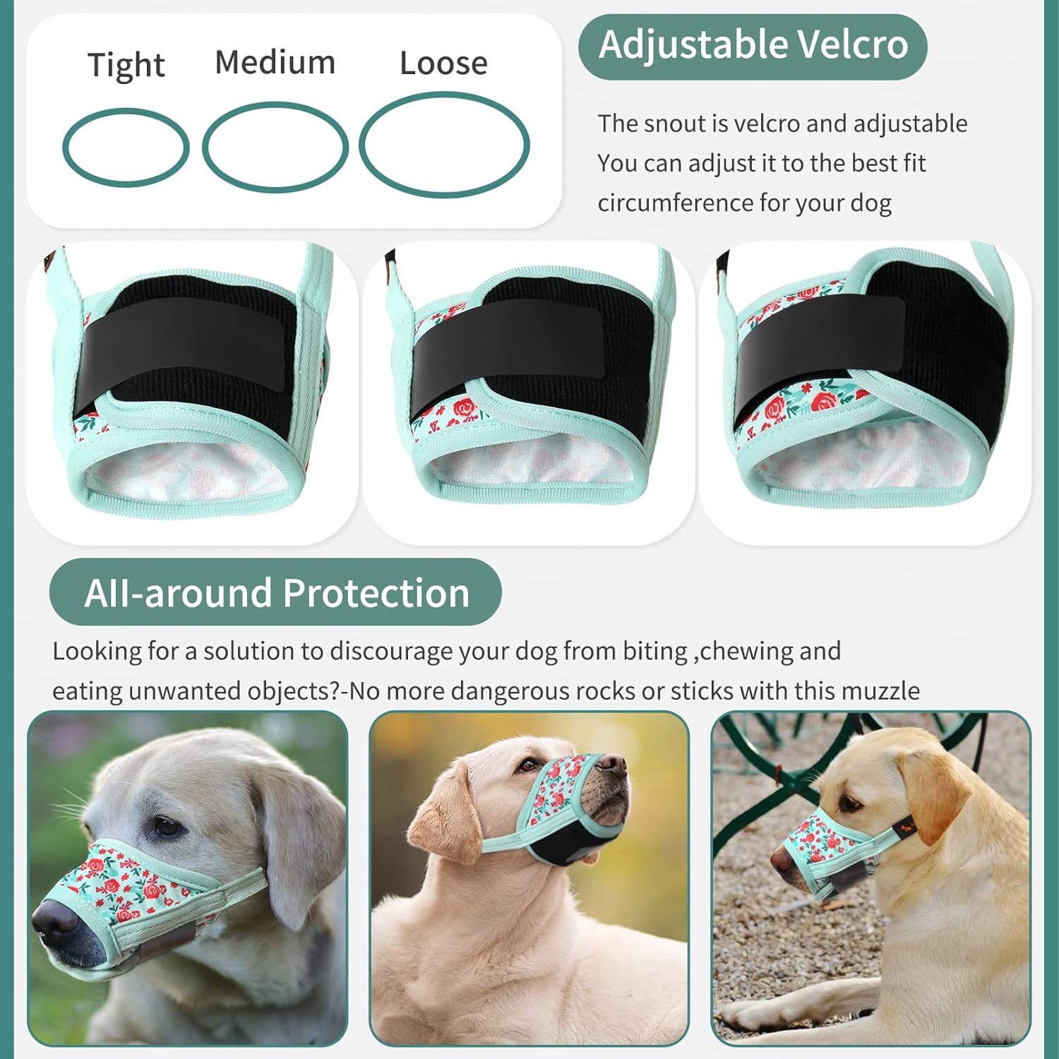 Detalle de HEELE Hund Maulkorb aus weichem Nylon & Air-Mesh, einstellbar – XS in Cyan/Blume
